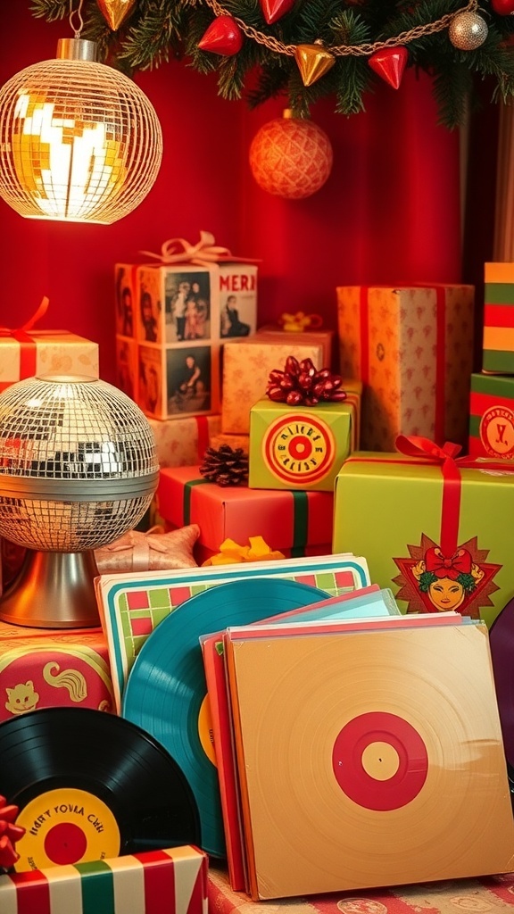 A collection of 70s Christmas gifts including a disco ball, lava lamp, and vinyl records, arranged in a festive setting.